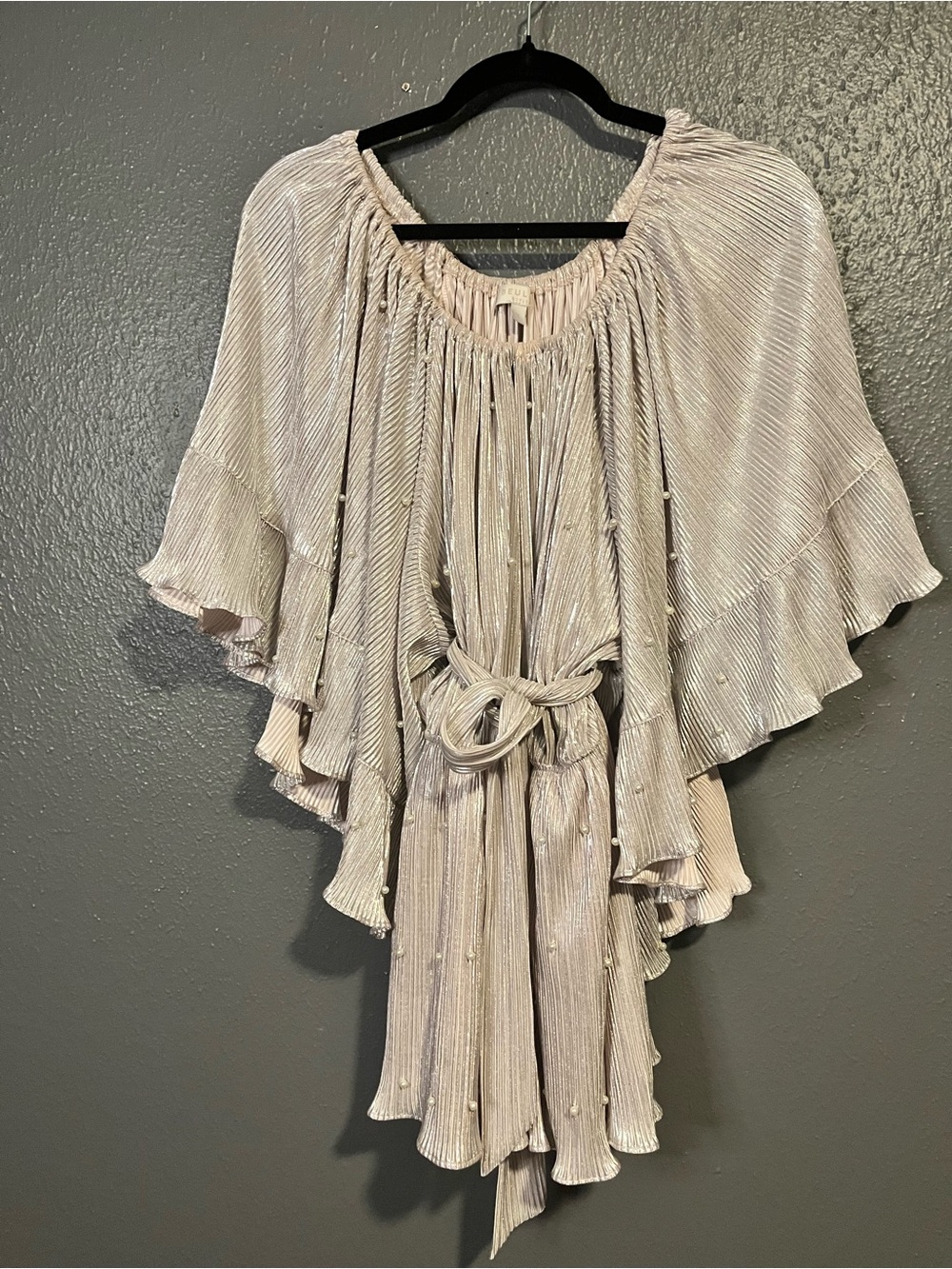 Beulah Metallic Pleated Cream Romper with Belt